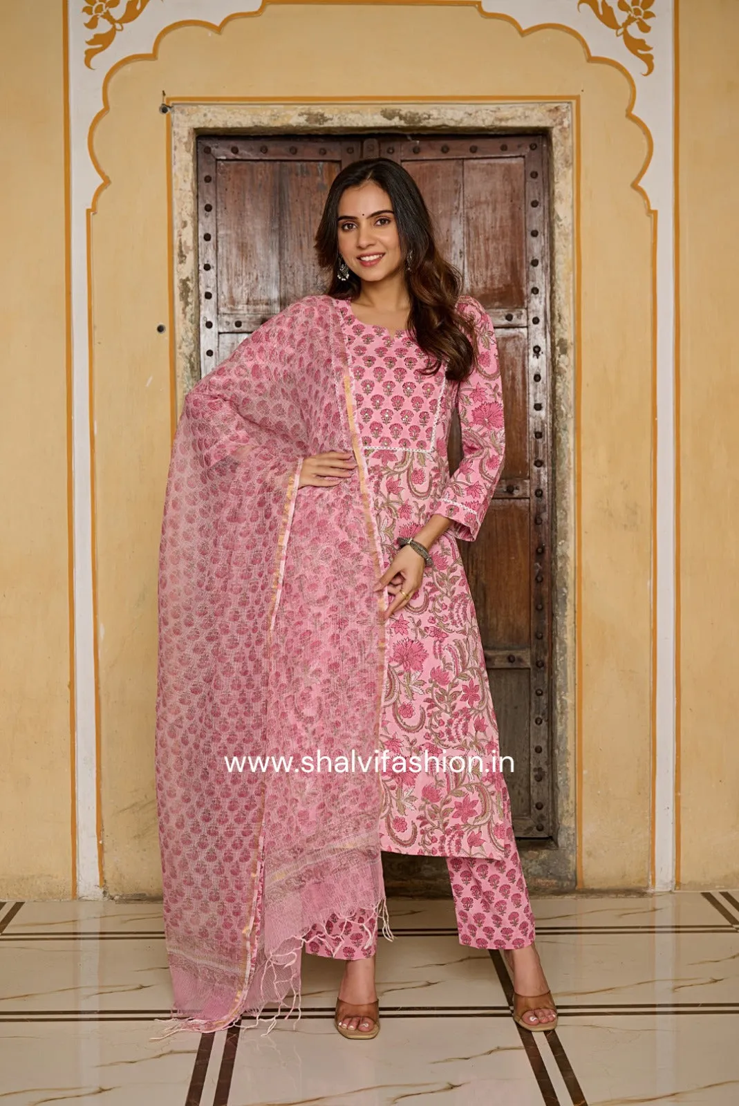 Bahar Hand Block Print Cotton Suit Set with Kota Doria Dupatta (CSS215KD)