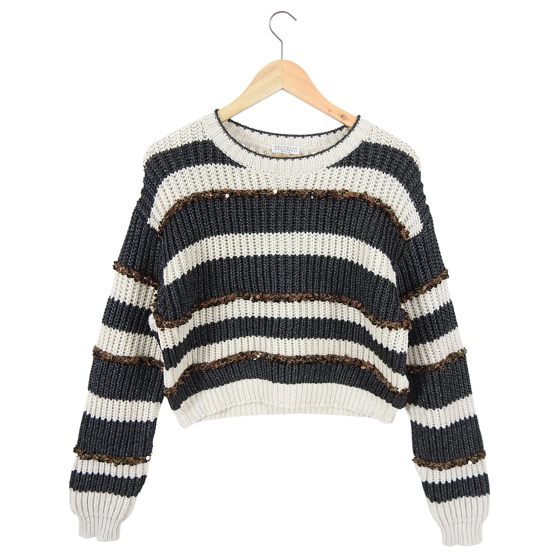 Brunello Cucinelli Grey Ivory Striped Sequin Crop Sweater - S