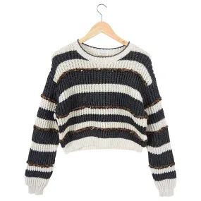 Brunello Cucinelli Grey Ivory Striped Sequin Crop Sweater - S