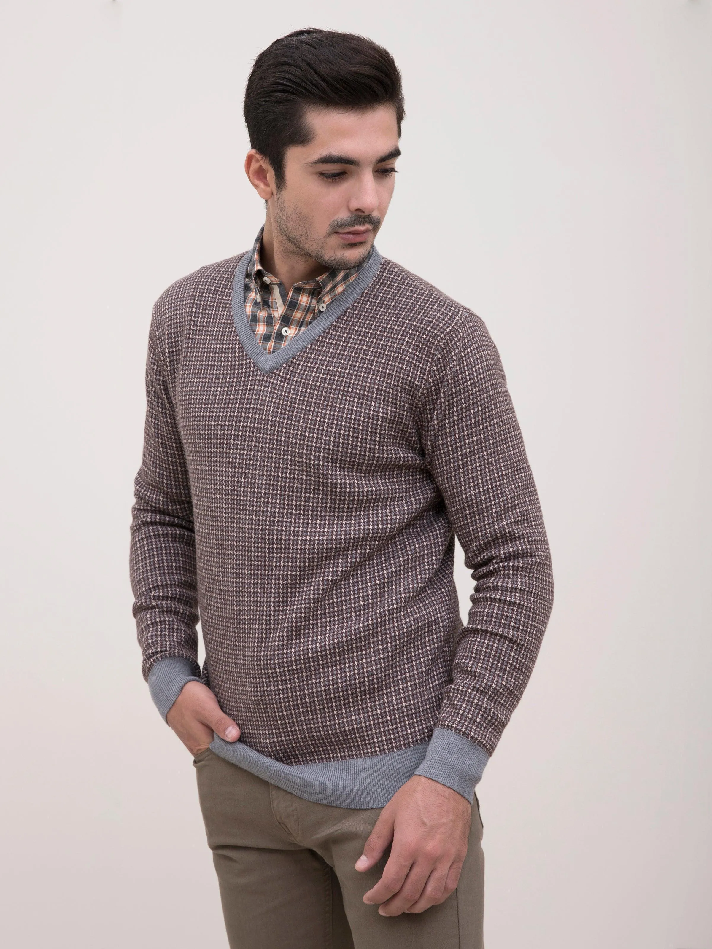 SWEATER V NECK F/S BROWN BEIGE