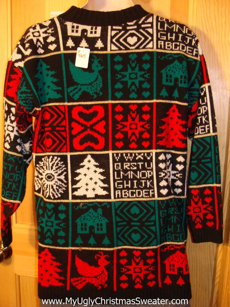 Tacky 80s Style Ugly Christmas Sweater with Festive Designs on Front, Back, and  Sleeves (f564)