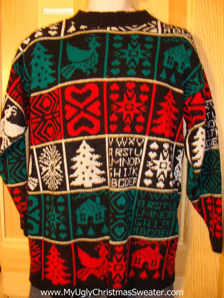 Tacky 80s Style Ugly Christmas Sweater with Festive Designs on Front, Back, and  Sleeves (f564)