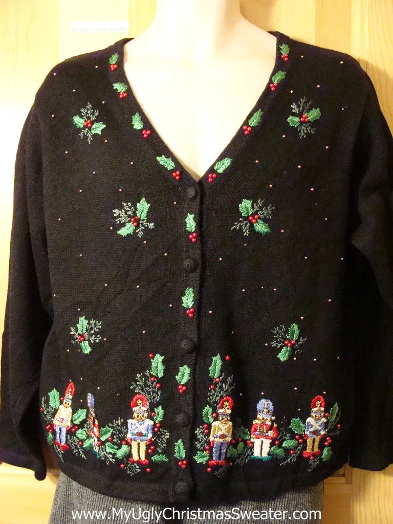 Tacky Bling-Filled Cheap Ugly Christmas Sweater with Nutcrackers and Ivy (f635)