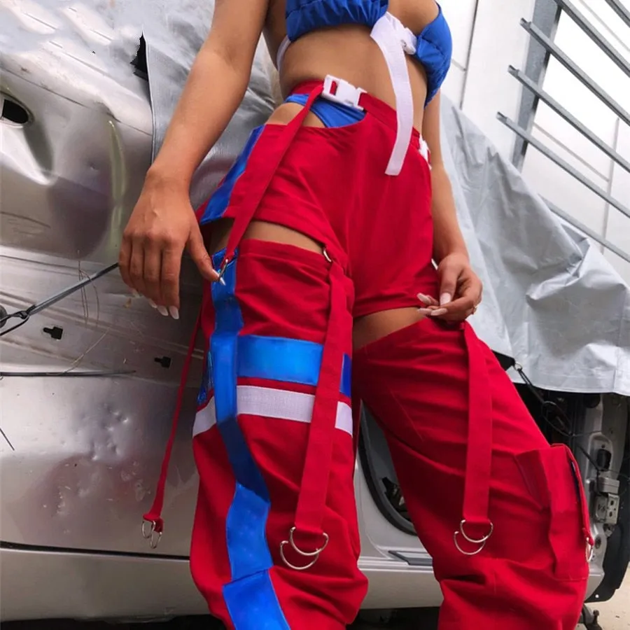 Women's Autumn Patchwork Striped Spliced Cargo Pants With Buttons & Sashes