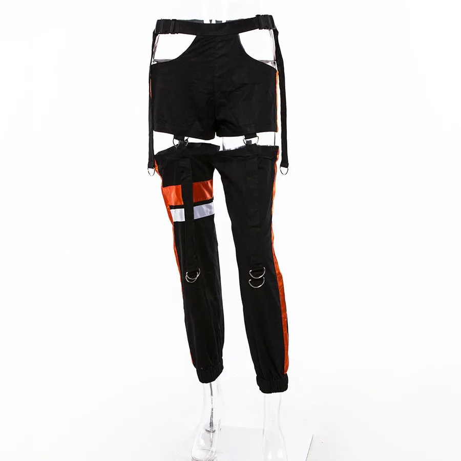 Women's Autumn Patchwork Striped Spliced Cargo Pants With Buttons & Sashes