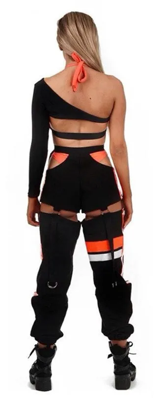 Women's Autumn Patchwork Striped Spliced Cargo Pants With Buttons & Sashes