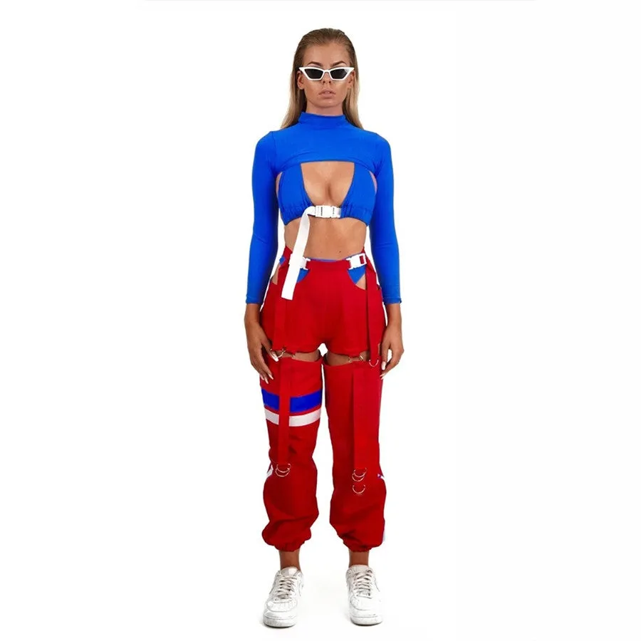 Women's Autumn Patchwork Striped Spliced Cargo Pants With Buttons & Sashes
