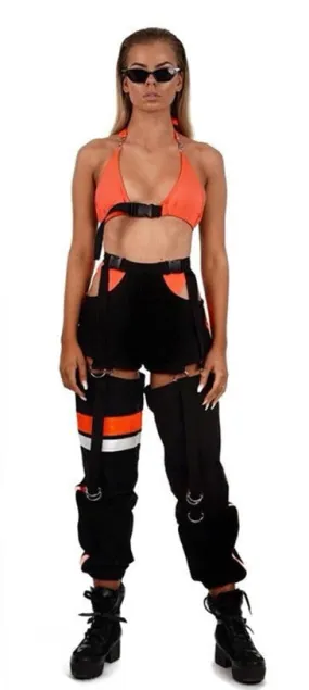Women's Autumn Patchwork Striped Spliced Cargo Pants With Buttons & Sashes