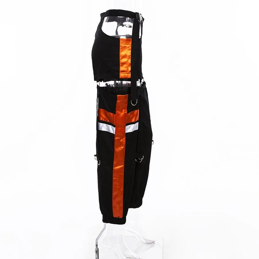 Women's Autumn Patchwork Striped Spliced Cargo Pants With Buttons & Sashes