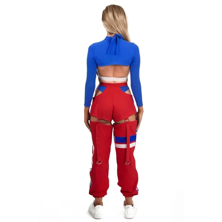 Women's Autumn Patchwork Striped Spliced Cargo Pants With Buttons & Sashes