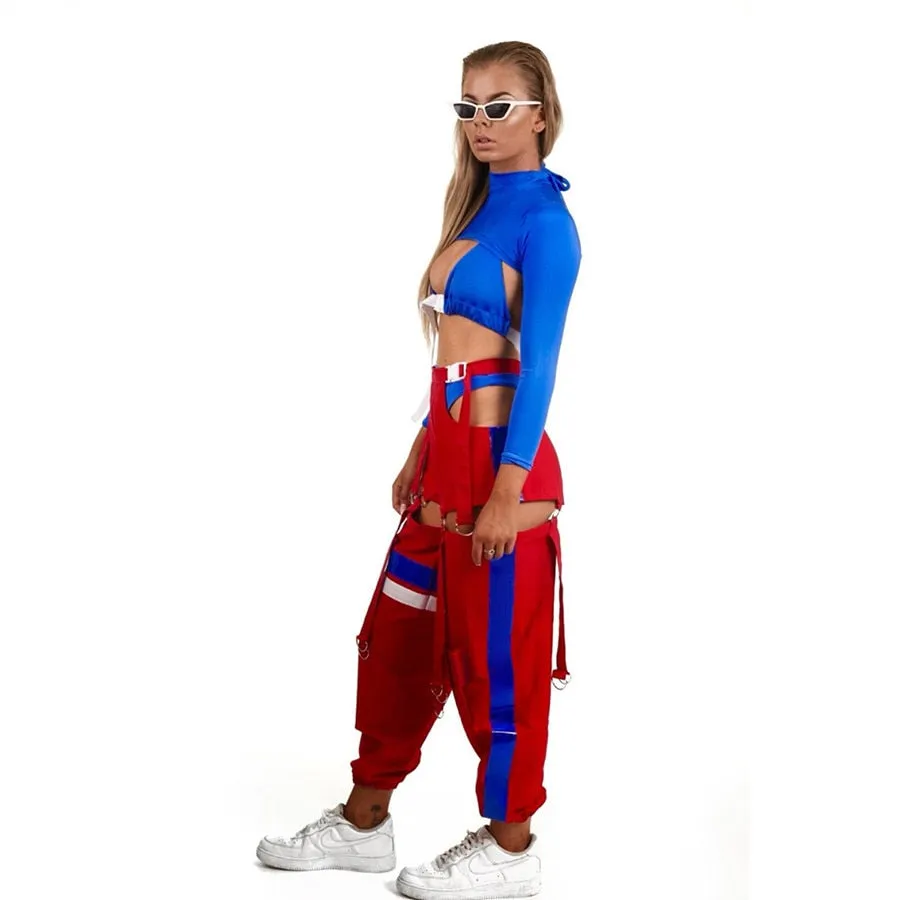Women's Autumn Patchwork Striped Spliced Cargo Pants With Buttons & Sashes