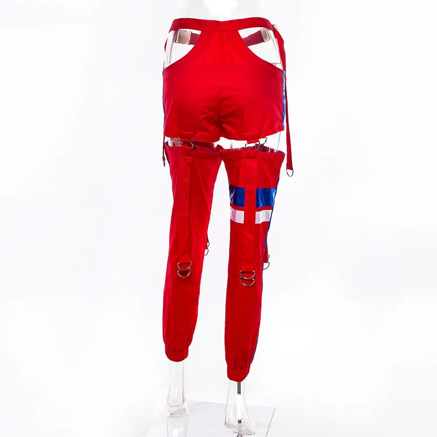 Women's Autumn Patchwork Striped Spliced Cargo Pants With Buttons & Sashes