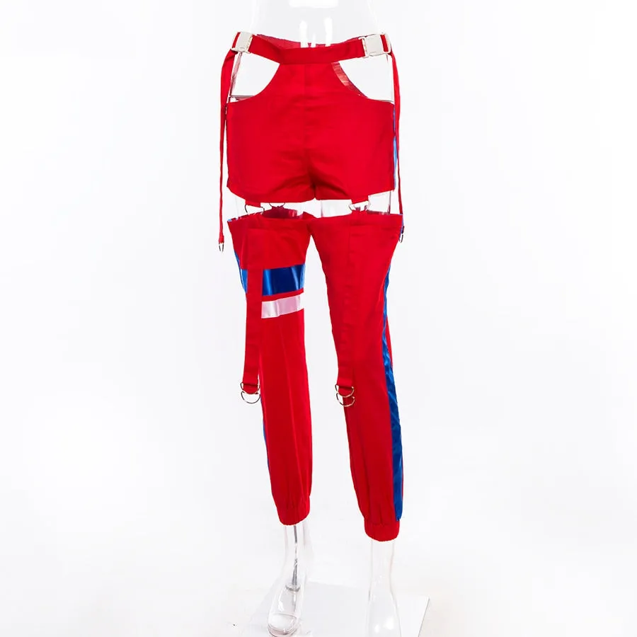 Women's Autumn Patchwork Striped Spliced Cargo Pants With Buttons & Sashes