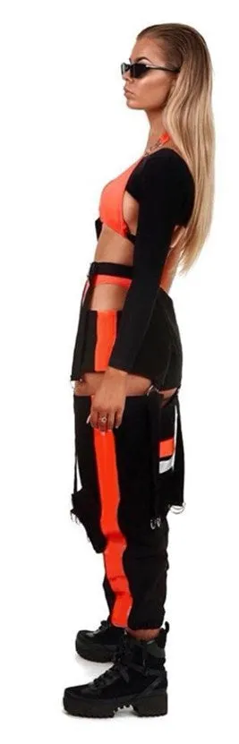 Women's Autumn Patchwork Striped Spliced Cargo Pants With Buttons & Sashes