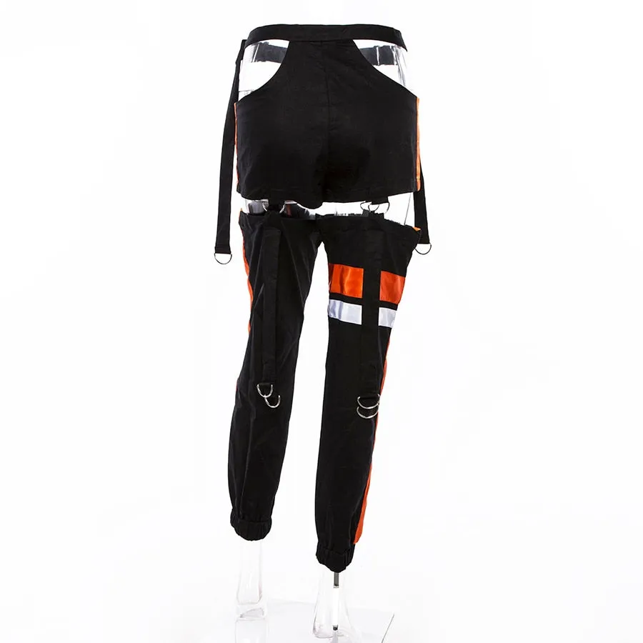 Women's Autumn Patchwork Striped Spliced Cargo Pants With Buttons & Sashes