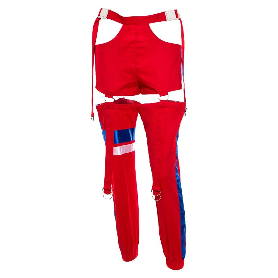 Women's Autumn Patchwork Striped Spliced Cargo Pants With Buttons & Sashes