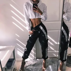 Women's Autumn/Winter High Waist Cargo Pants With Reflective Stripes
