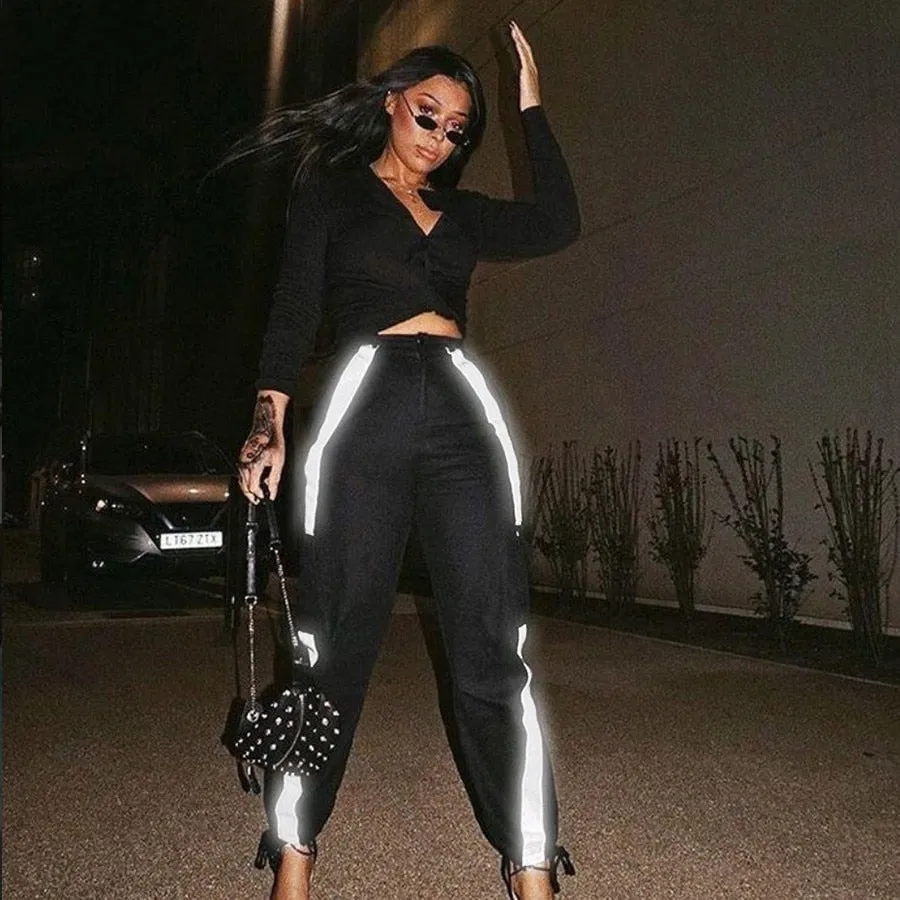 Women's Autumn/Winter High Waist Cargo Pants With Reflective Stripes
