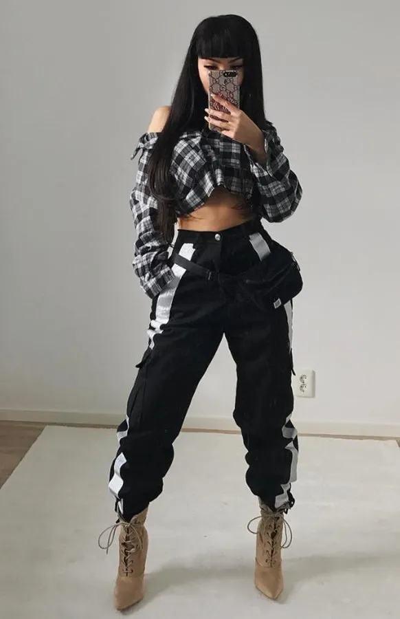 Women's Autumn/Winter High Waist Cargo Pants With Reflective Stripes