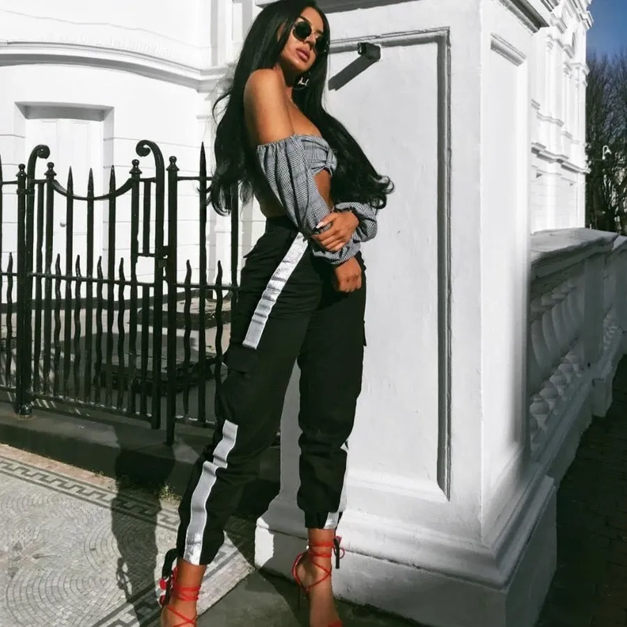 Women's Autumn/Winter High Waist Cargo Pants With Reflective Stripes
