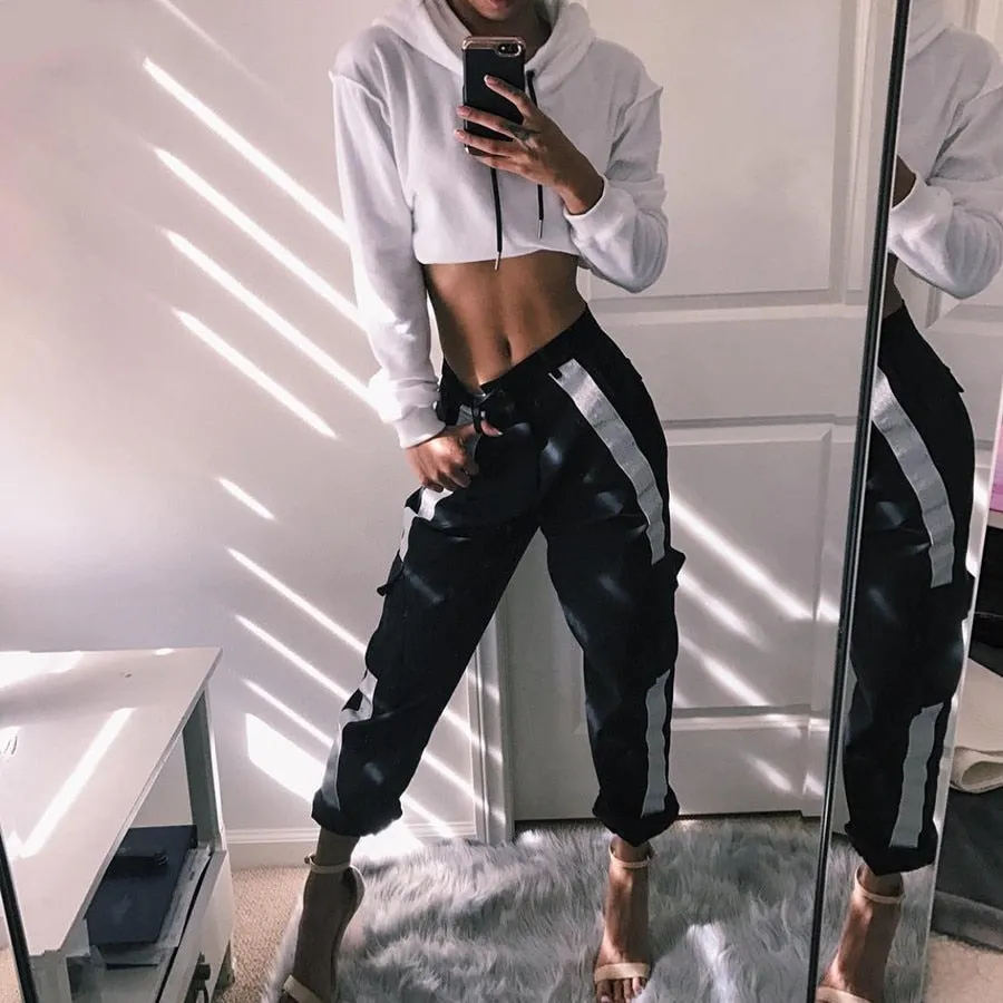 Women's Autumn/Winter High Waist Cargo Pants With Reflective Stripes