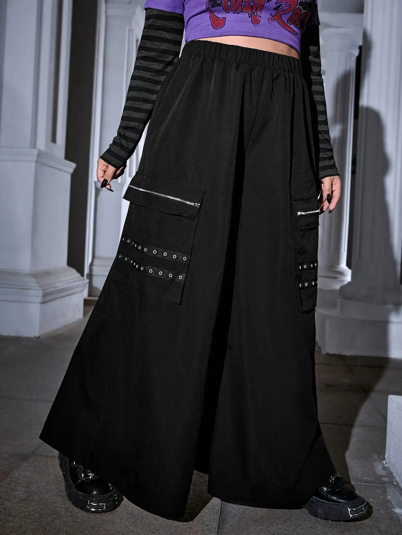 Zipper Detail Flap Pocket Side Wide Leg Pants
