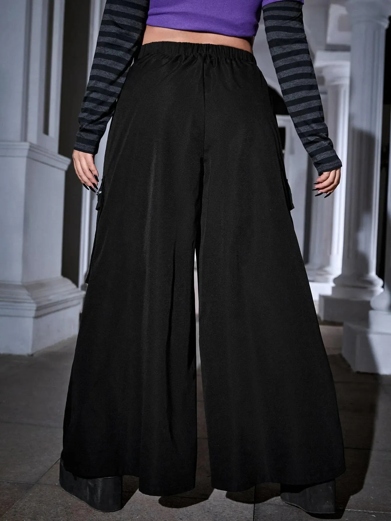Zipper Detail Flap Pocket Side Wide Leg Pants